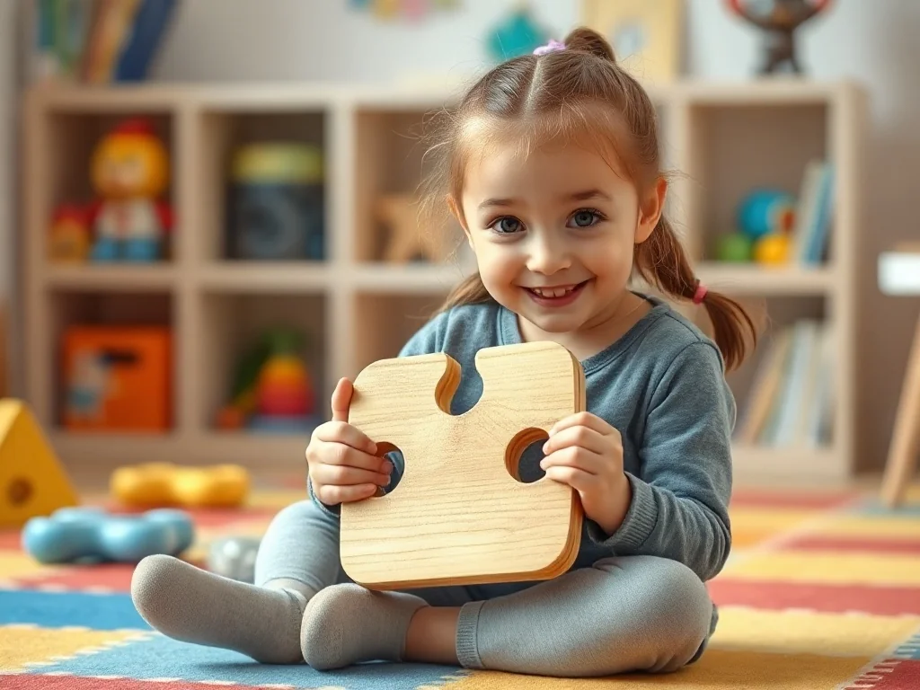 Pięcioletnia dziewczynka z uśmiechem układa kolorowe puzzle w przytulnym pokoju zabaw pełnym zabawek edukacyjnych.