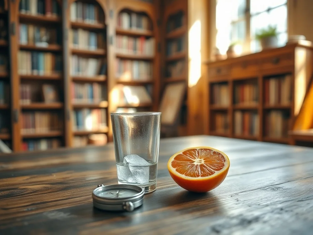 Czerwona cytryna, szklanka wody i kompas na drewnianym stole w przytulnej bibliotece.