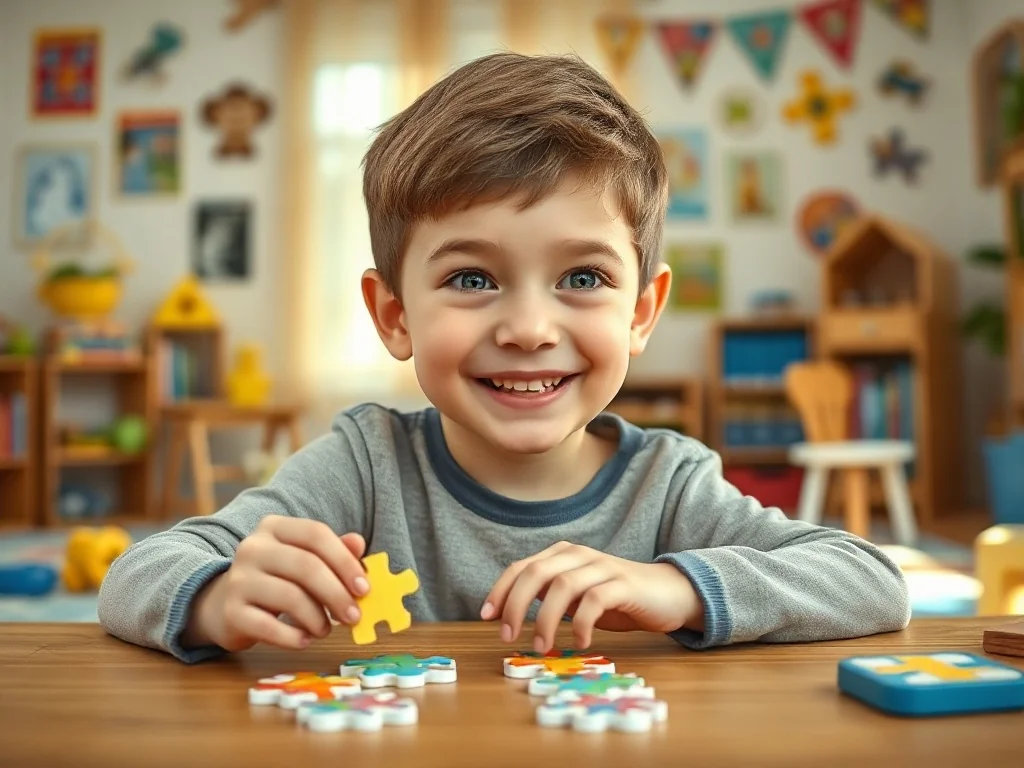 Radosny siedmiolatek układa kolorowe puzzle przy drewnianym stole w przytulnym pokoju zabaw.