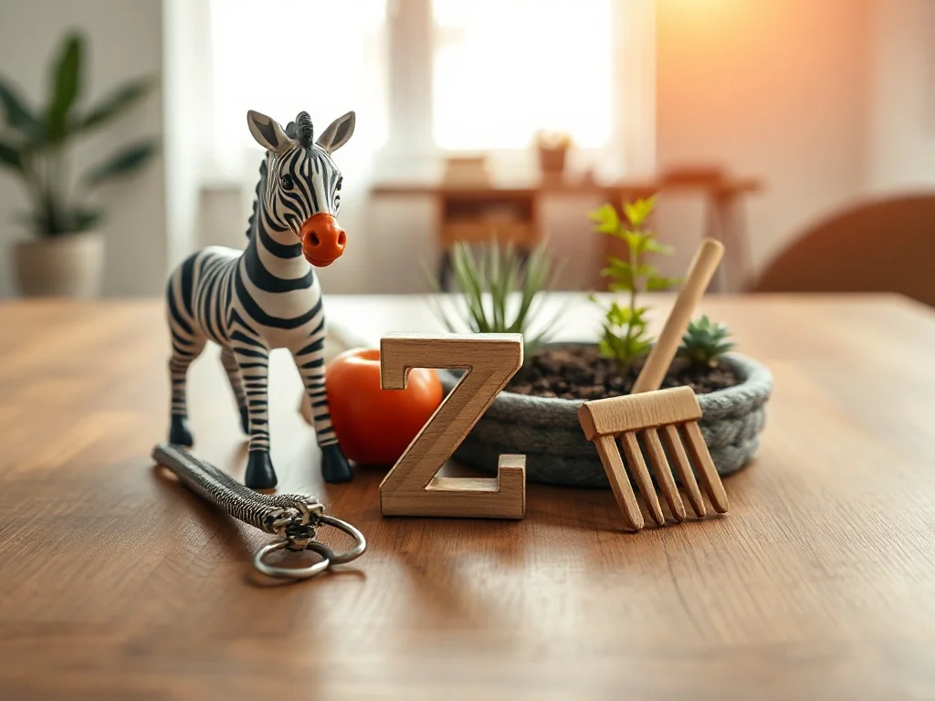 Kolekcja przedmiotów na literę „Z”: figurka zebry, metalowy zamek błyskawiczny oraz miniaturowy ogród zen na drewnianym stole.